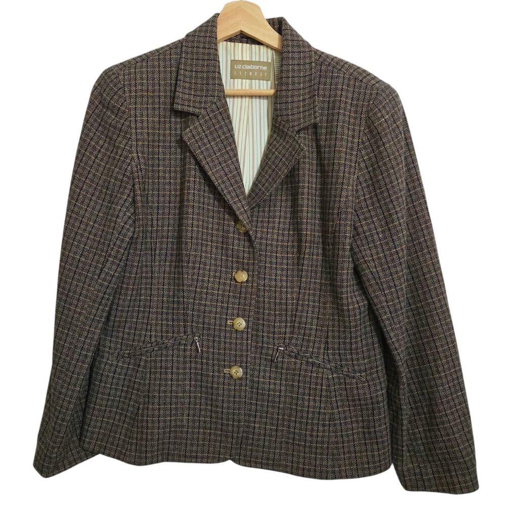 Vintage 90s Liz Claiborne LizWear Wool Herringbone Plaid Neutral Blazer Sz 10